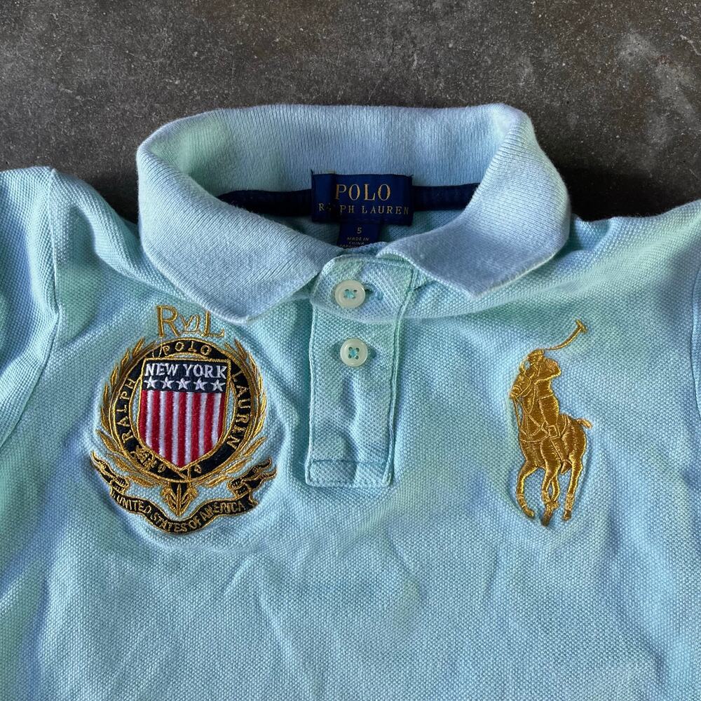 Modern big pony New York golden embroidered kids Ralph Lauren polo shirt size 5